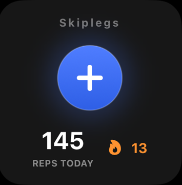 Skiplegs Home Screen widget: a plus button, 145 reps today and a 13-day streak